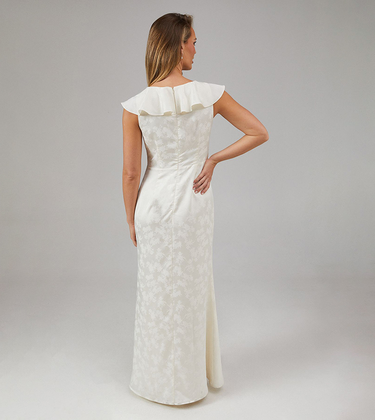 Satin Jacquard Ruffle Detail V-Neck Bridesmaids Dress