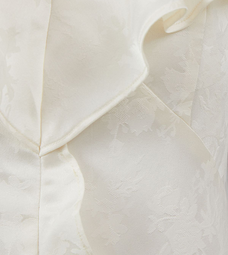 Satin Jacquard Ruffle Detail V-Neck Bridesmaids Dress