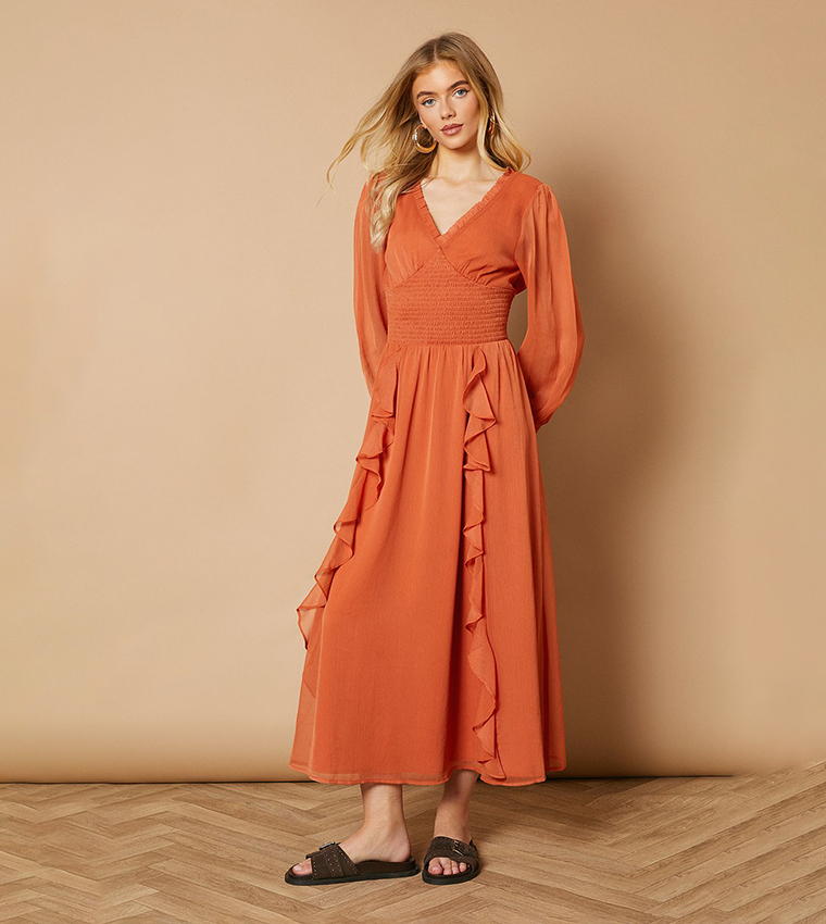Ruffle Detail V-Neck Maxi Dress
