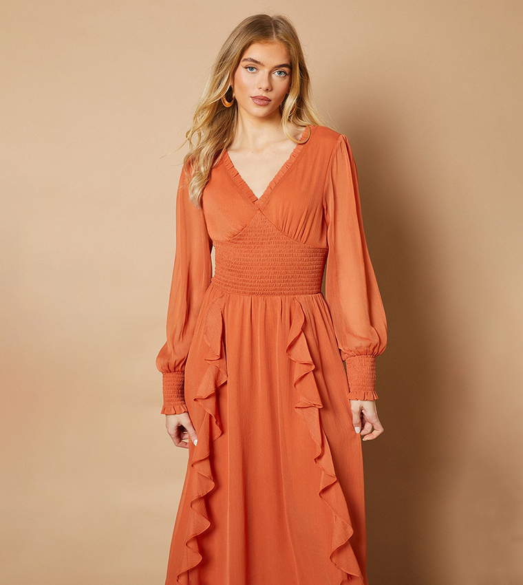 Ruffle Detail V-Neck Maxi Dress