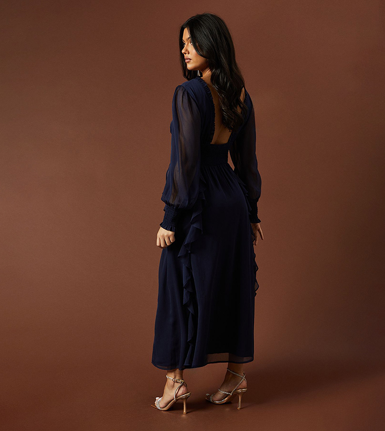 Ruffle Detail V-Neck Maxi Dress