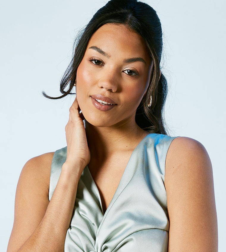 Twist V-Neck Tie Back Satin Bridesmaids Dress
