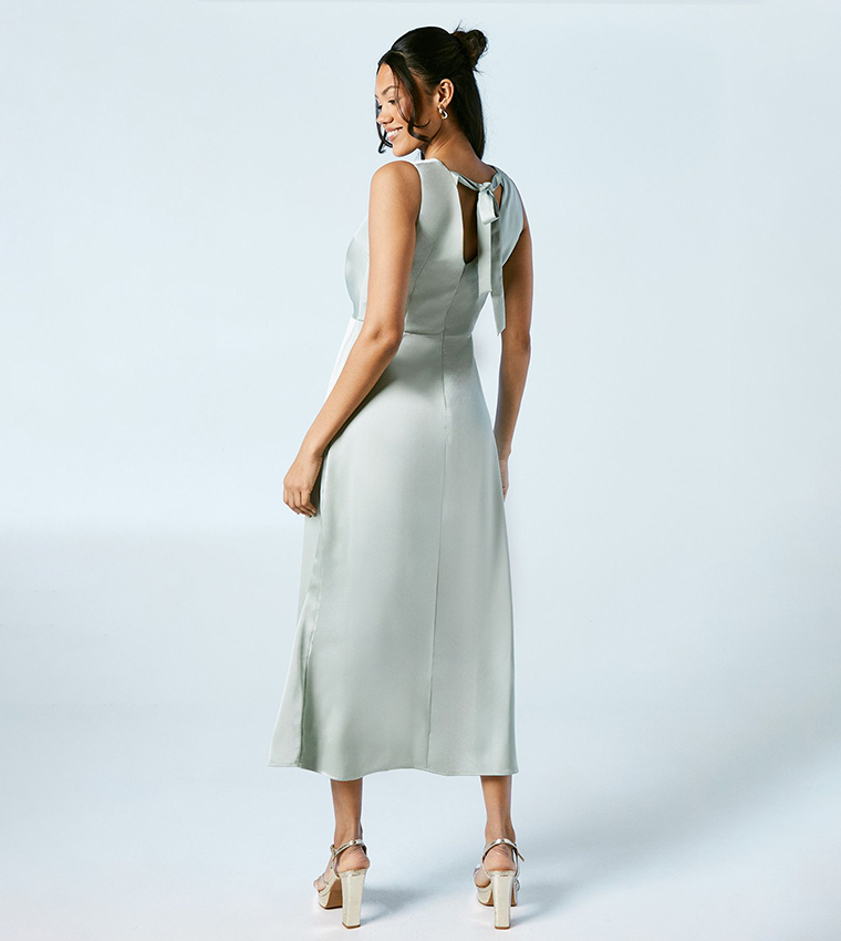 Twist V-Neck Tie Back Satin Bridesmaids Dress