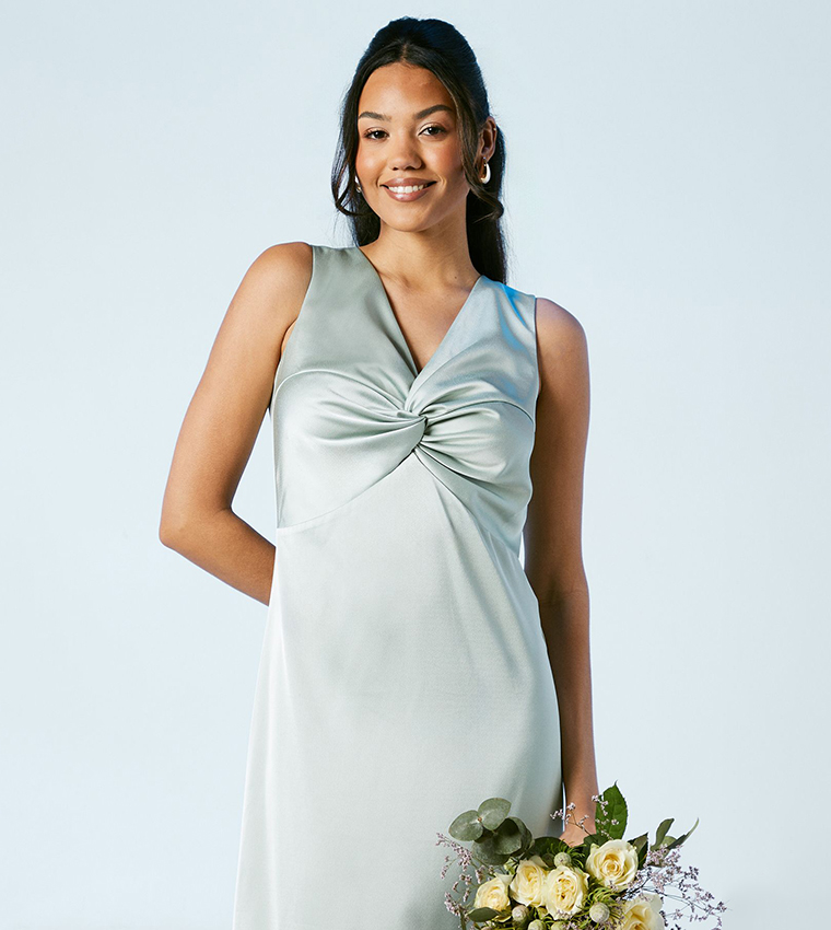 Twist V-Neck Tie Back Satin Bridesmaids Dress