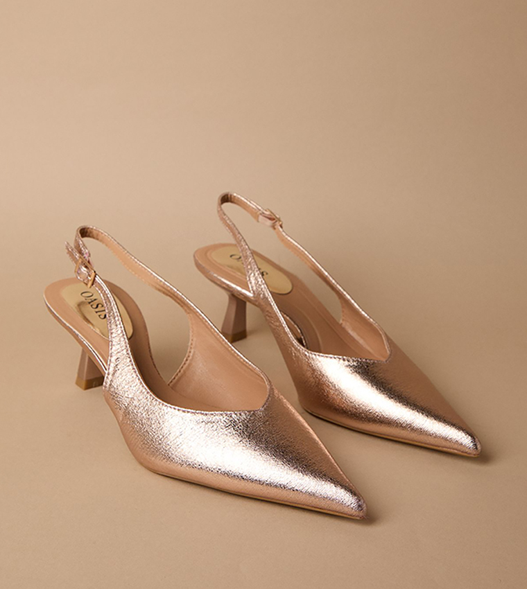 Dolly Metallic Textured Kitten Heel Slingback Pumps