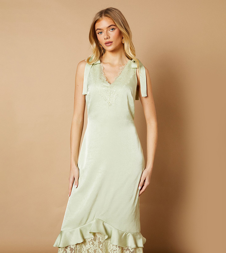 Satin Lace Tie Shoulder Maxi Dress