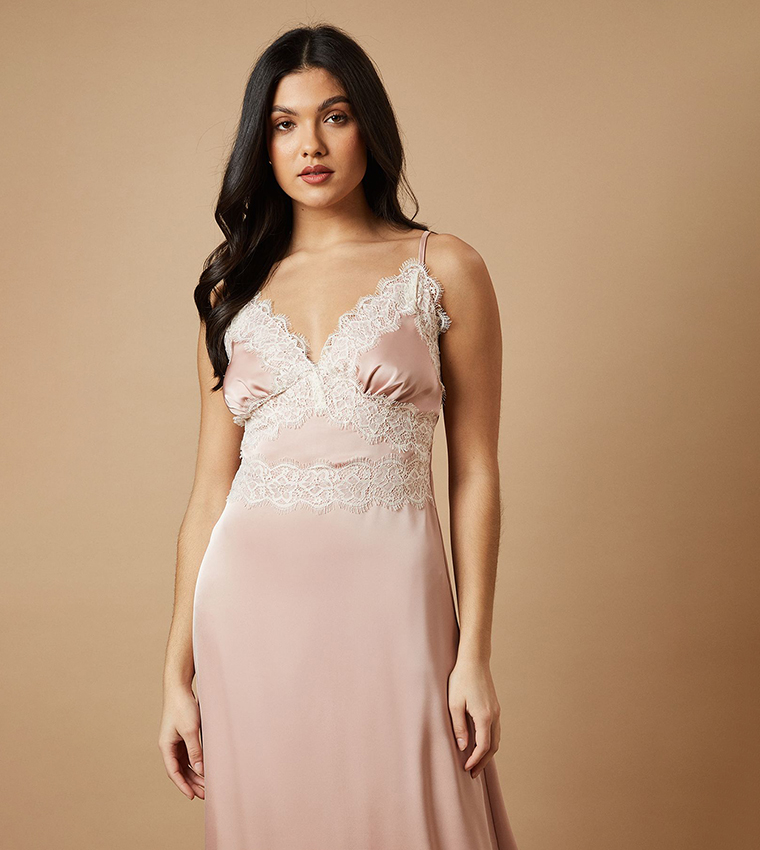 Satin Lace Trim Strappy Maxi Dress