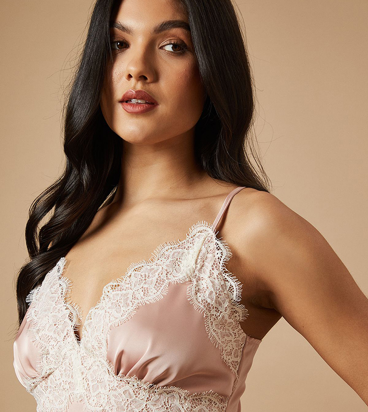 Satin Lace Trim Strappy Maxi Dress