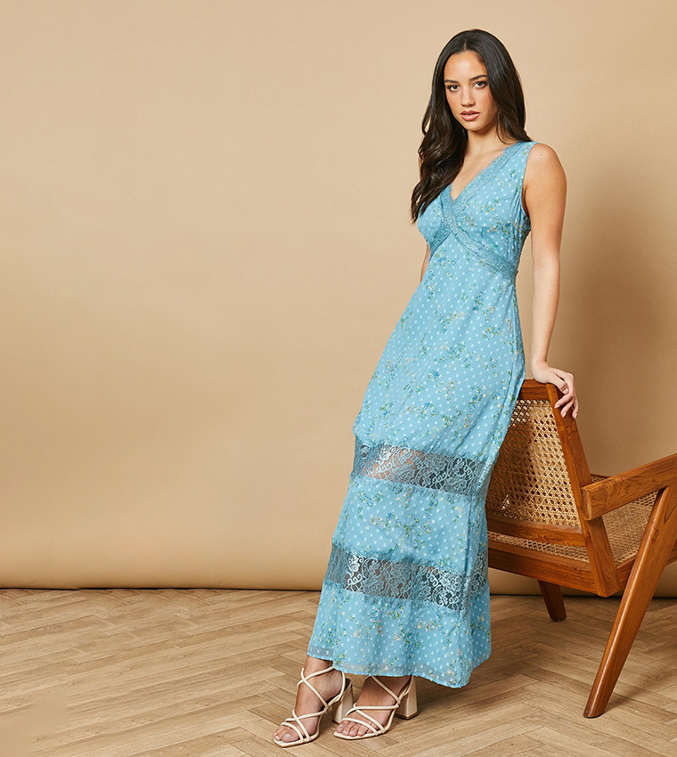 فستان ميدي شيفون بطبعة الورود بحواف دانتيل