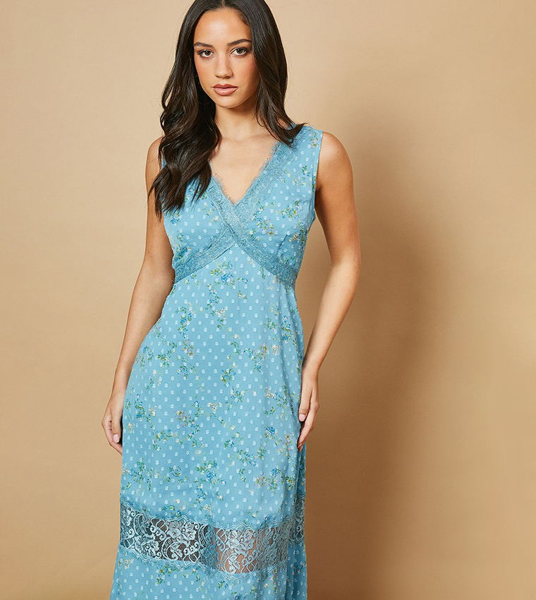 فستان ميدي شيفون بطبعة الورود بحواف دانتيل