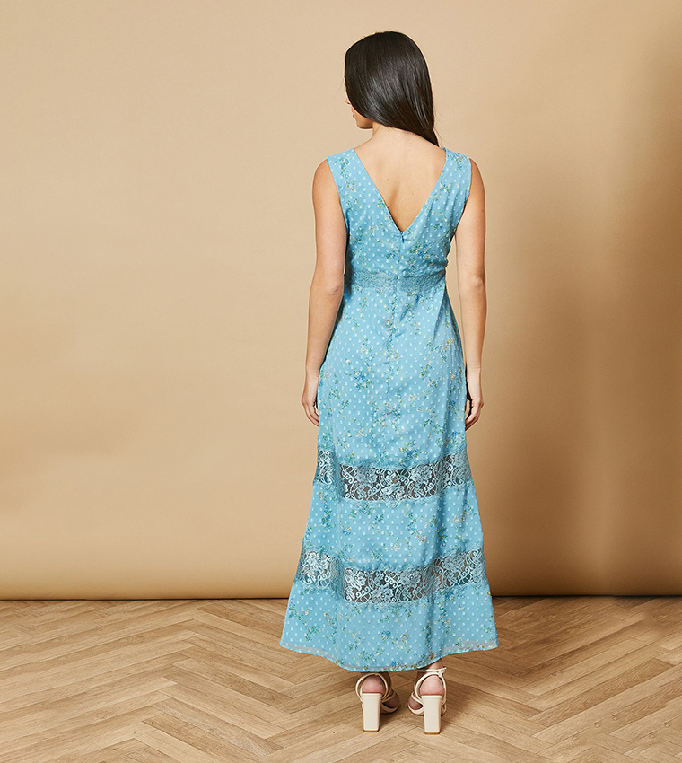 فستان ميدي شيفون بطبعة الورود بحواف دانتيل