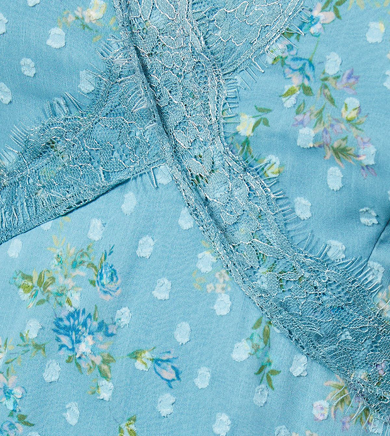 فستان ميدي شيفون بطبعة الورود بحواف دانتيل