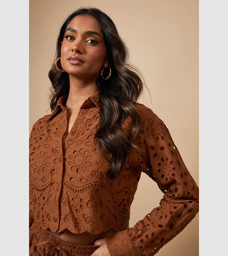 Broderie Cropped Long Sleeves Shirt