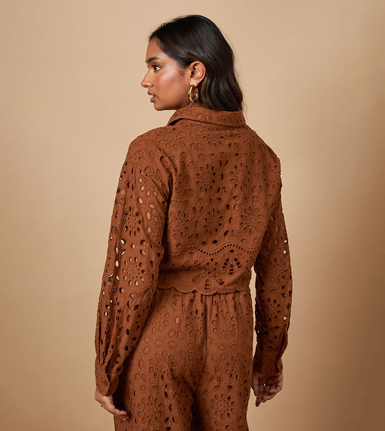 Broderie Cropped Long Sleeves Shirt