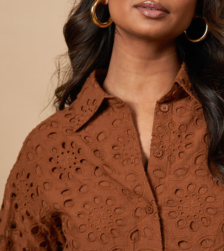 Broderie Cropped Long Sleeves Shirt