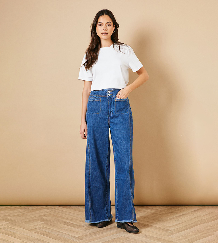 Denim Seamed Patch Pocket Wide Leg Jeans