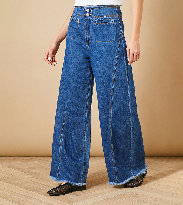 Denim Seamed Patch Pocket Wide Leg Jeans