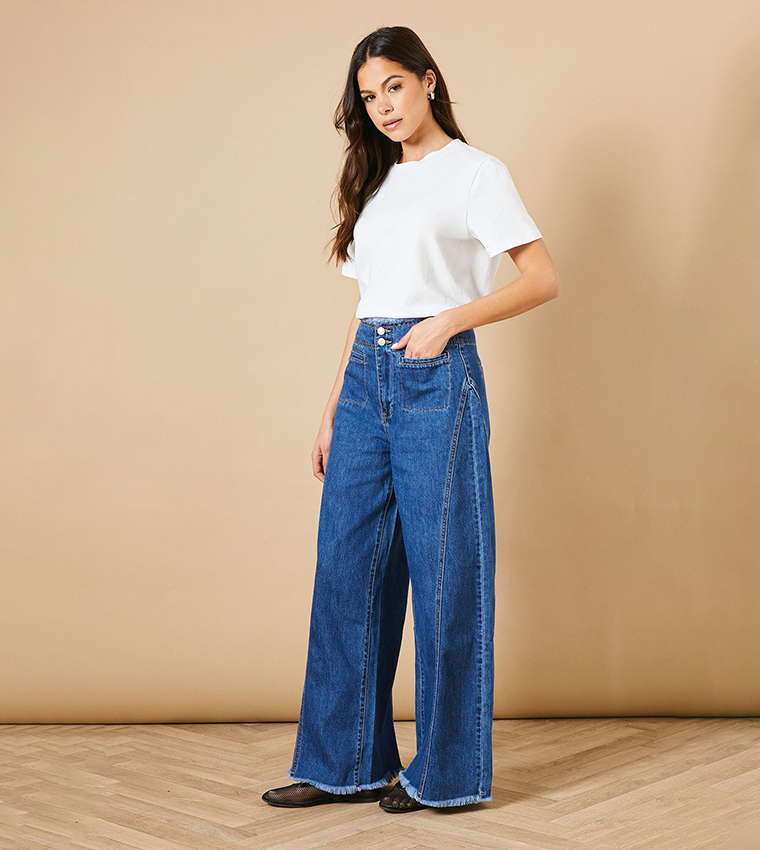 Denim Seamed Patch Pocket Wide Leg Jeans