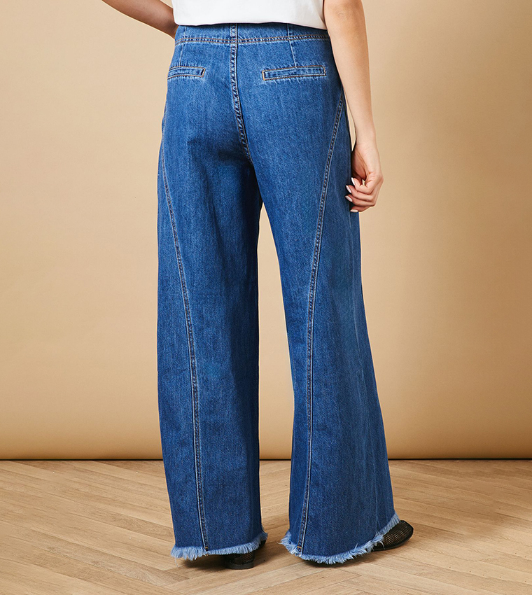 Denim Seamed Patch Pocket Wide Leg Jeans