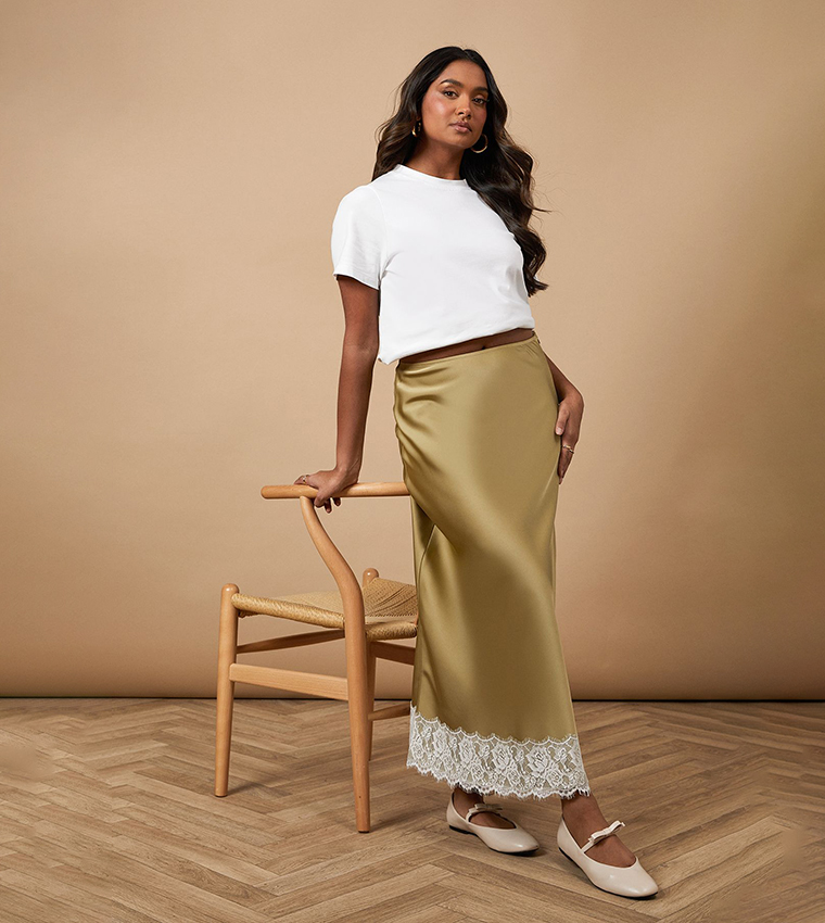 Satin Bias Cut Lace Hem Maxi Skirt