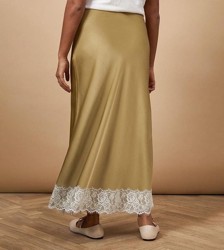 Satin Bias Cut Lace Hem Maxi Skirt