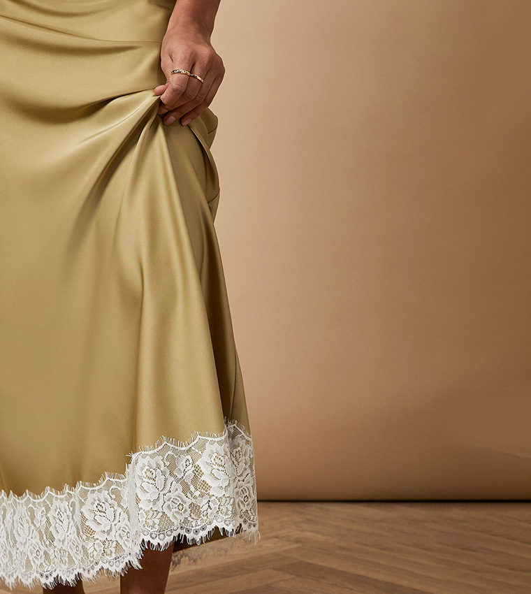 Satin Bias Cut Lace Hem Maxi Skirt