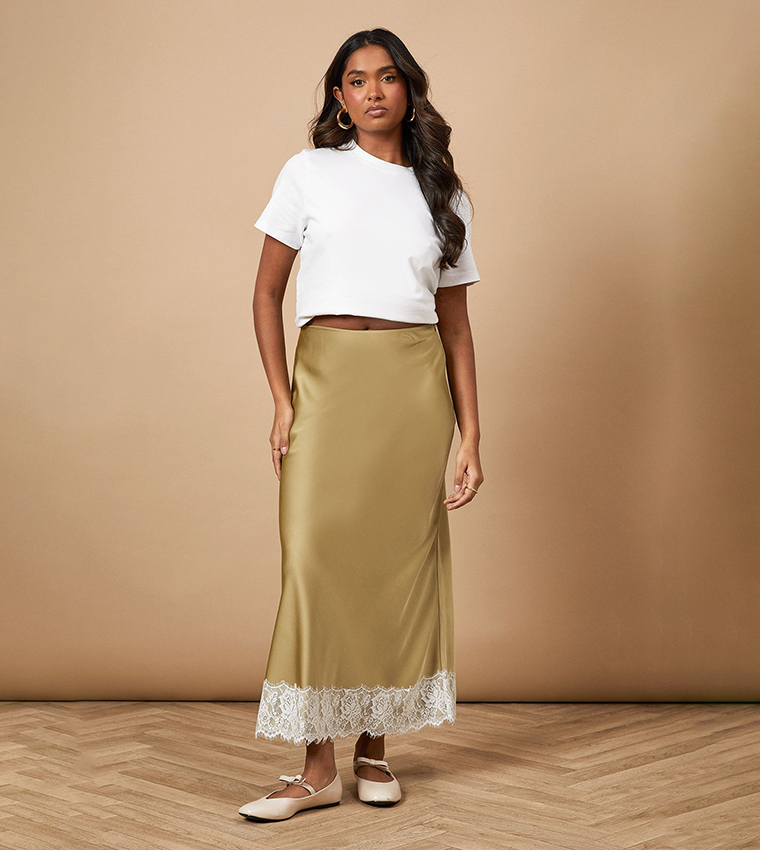 Satin Bias Cut Lace Hem Maxi Skirt