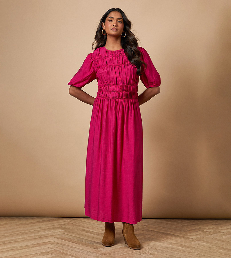Shirred Bodice Puff Sleeves Maxi Dress