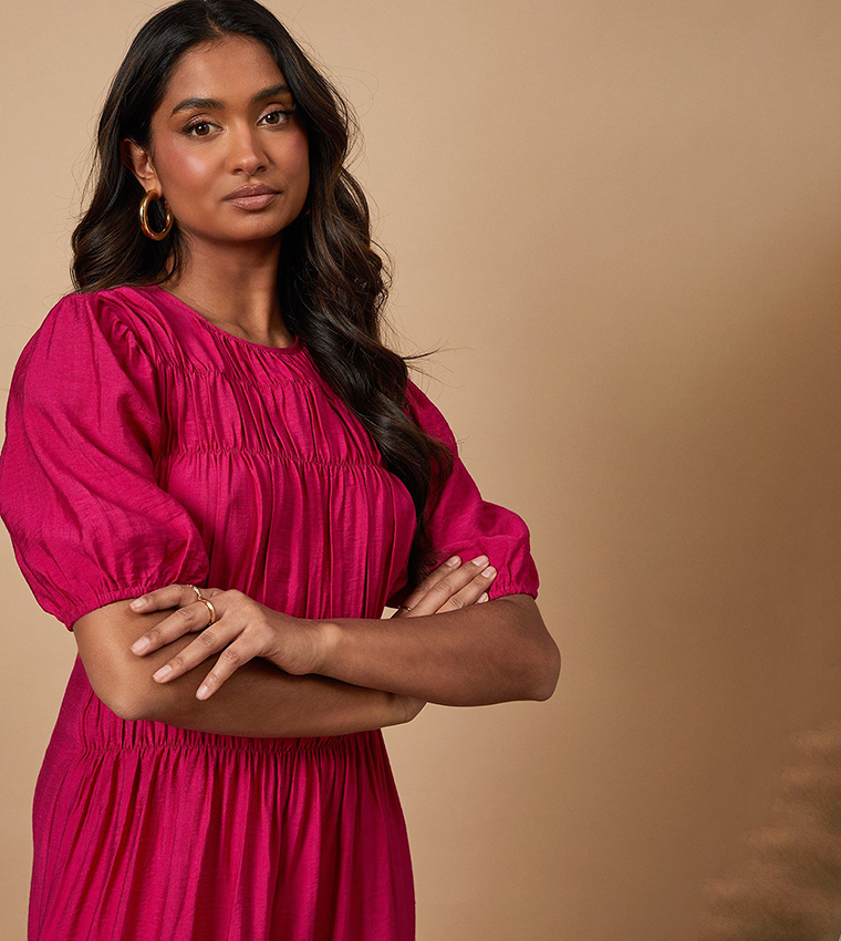Shirred Bodice Puff Sleeves Maxi Dress