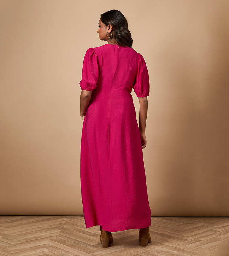 Shirred Bodice Puff Sleeves Maxi Dress