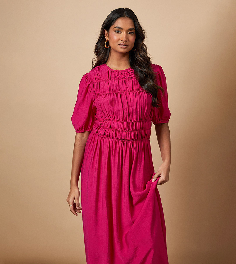 Shirred Bodice Puff Sleeves Maxi Dress