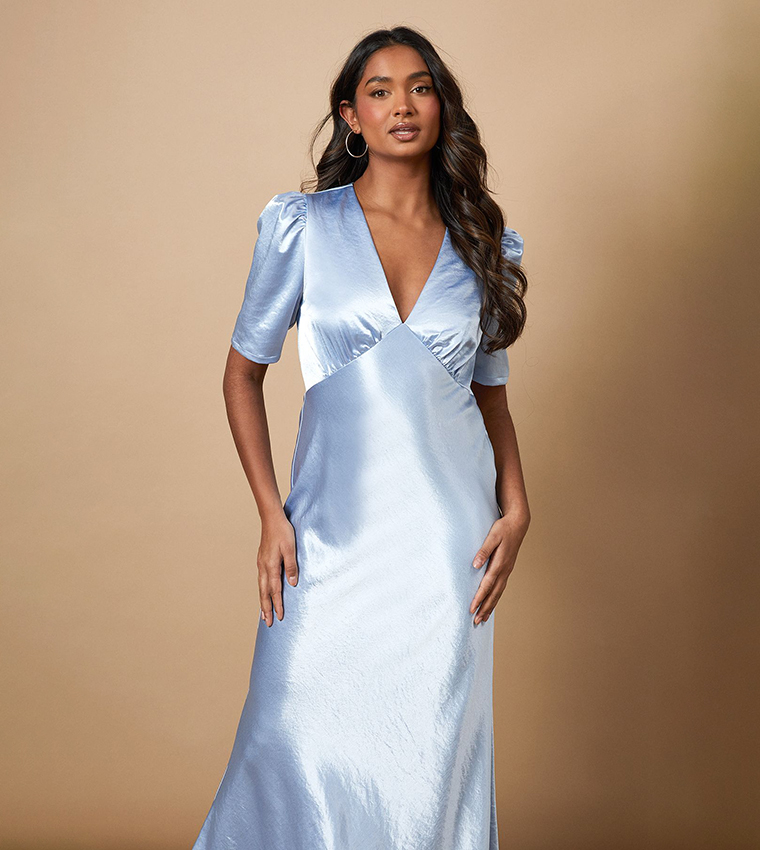 Metallic Satin Short Sleeves Midi Dress