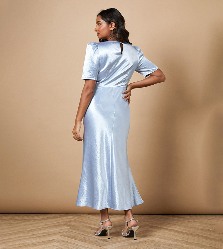 Metallic Satin Short Sleeves Midi Dress