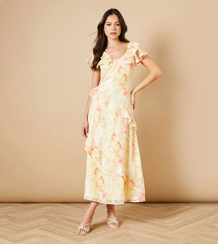 Ruffle Sleeves Jacquard Midi Dress