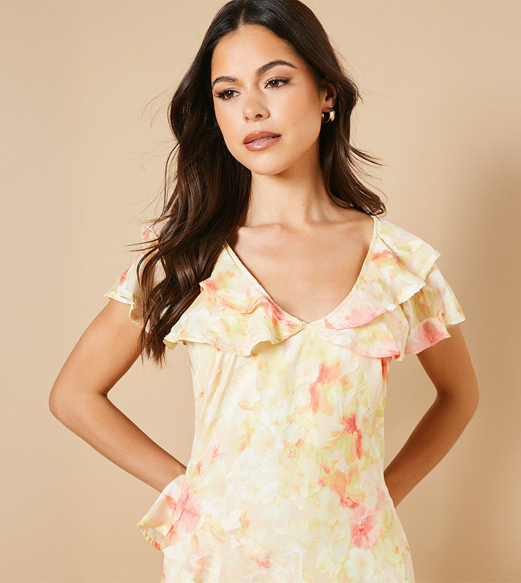 Ruffle Sleeves Jacquard Midi Dress