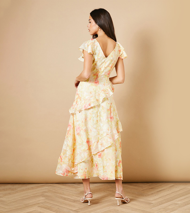Ruffle Sleeves Jacquard Midi Dress