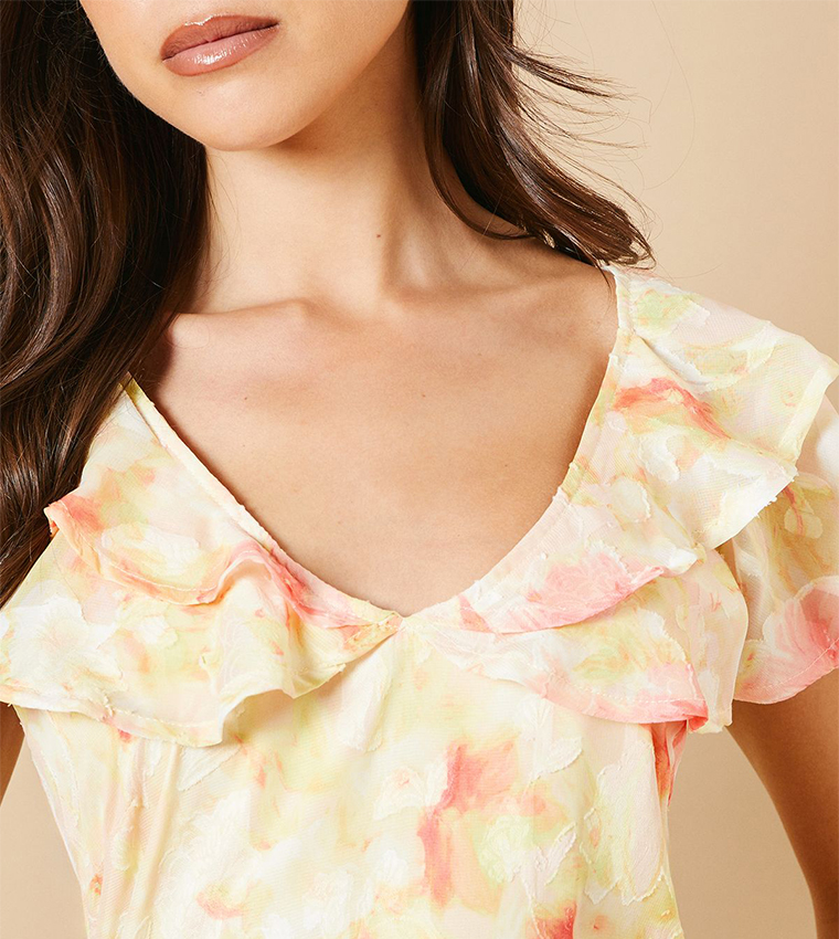 Ruffle Sleeves Jacquard Midi Dress