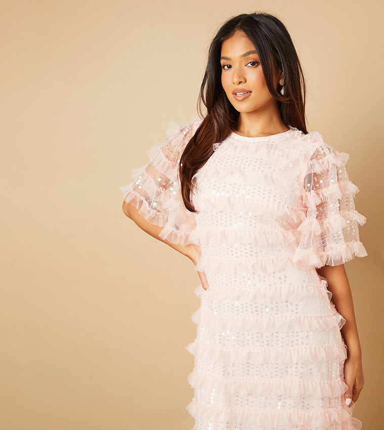 Petite Sequined Ruffled Detail Maxi Dress