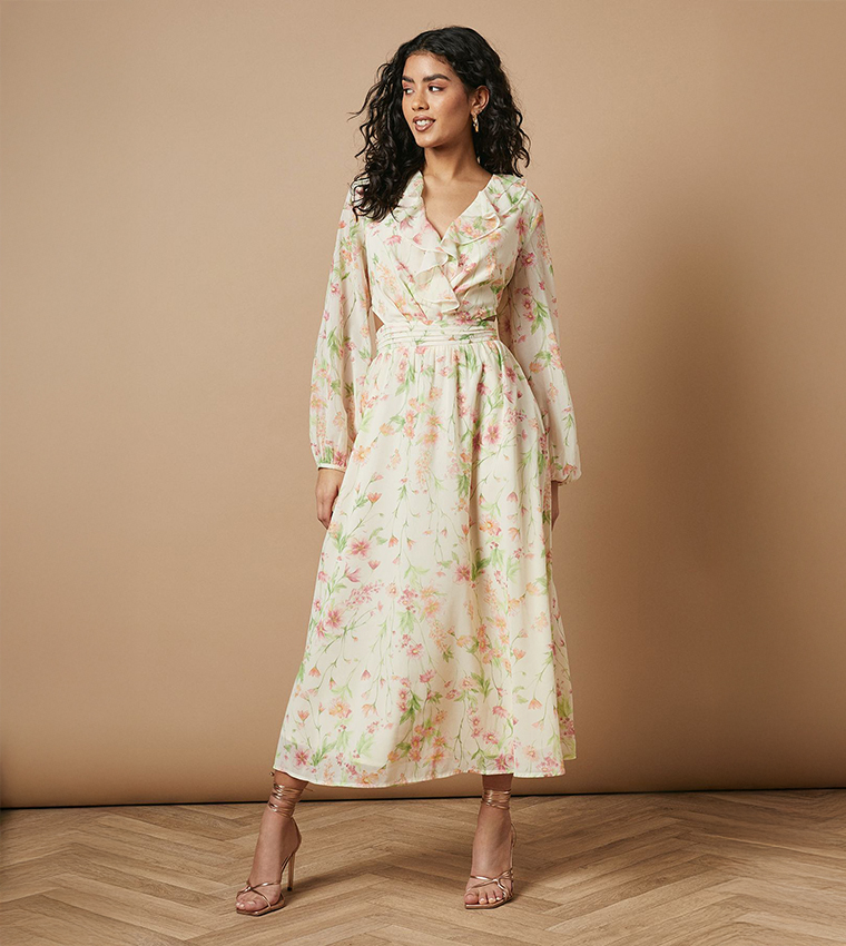 Petite Printed Long Sleeves Midi Dress