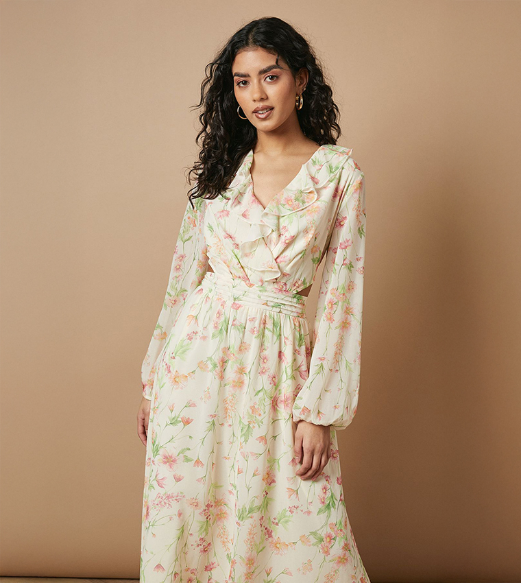 Petite Printed Long Sleeves Midi Dress