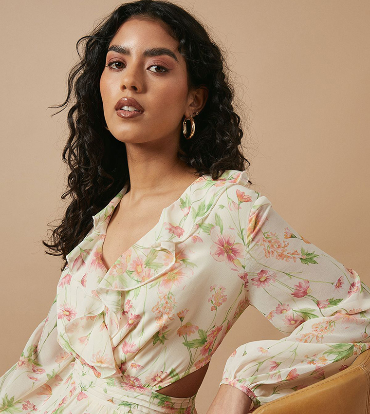 Petite Printed Long Sleeves Midi Dress