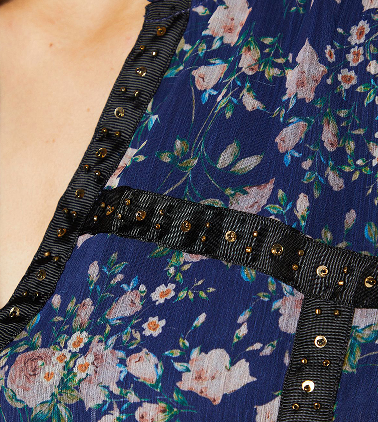 Floral Print Chiffon Trim Mini Dress