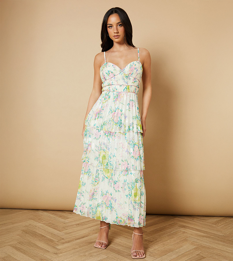 oasis floral tiered midi dress Oasis Floral Guayana Ruffle Tiered Midi Dress YELLOW-MUL / S by Sugarlips