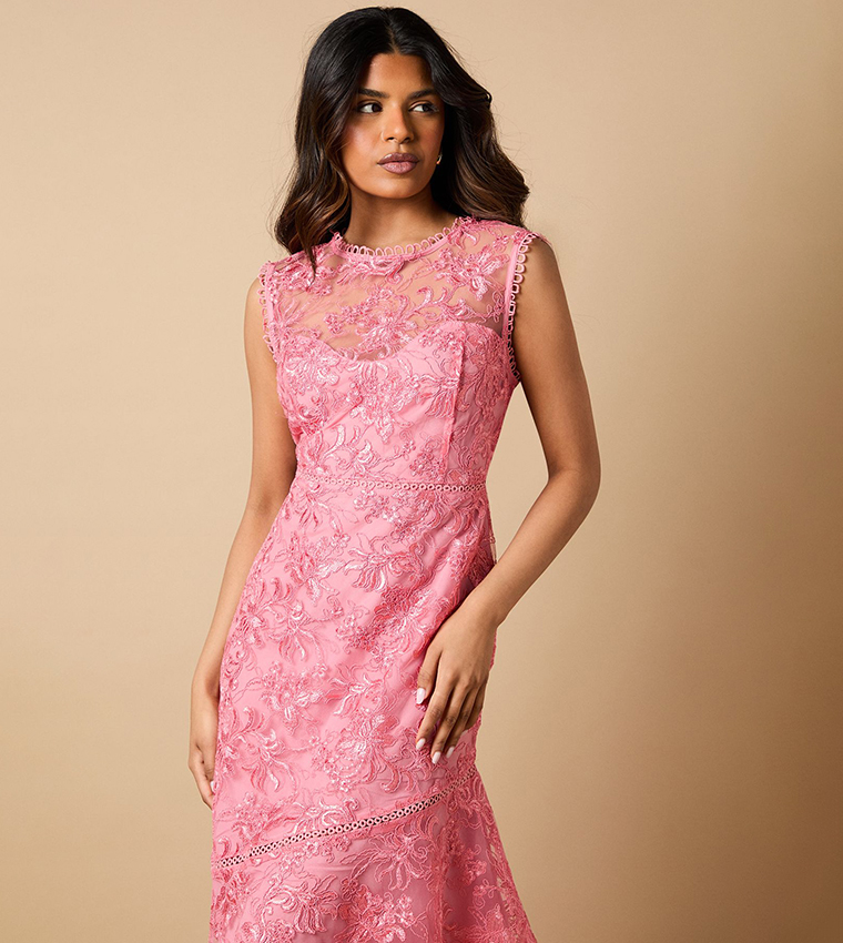 Buy Oasis Petite Floral Lace Scallop Detail Midi Dress In Pink | 6thStreet  UAE