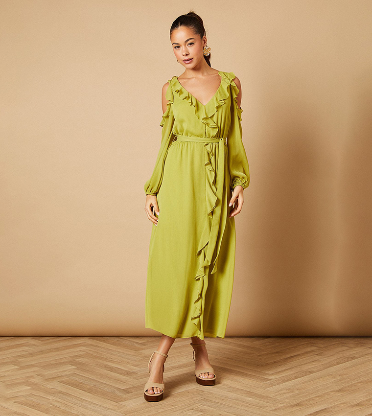 Cold Shoulder V-Neck Belt Detail Midi Dress