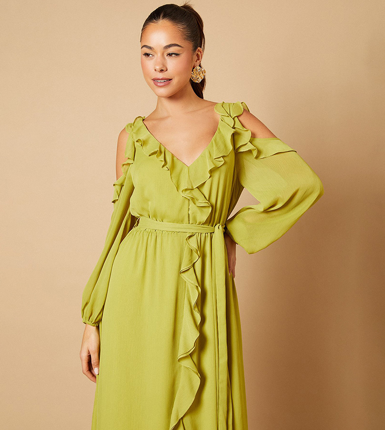 Cold Shoulder V-Neck Belt Detail Midi Dress