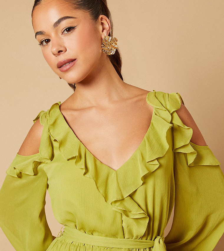 Cold Shoulder V-Neck Belt Detail Midi Dress