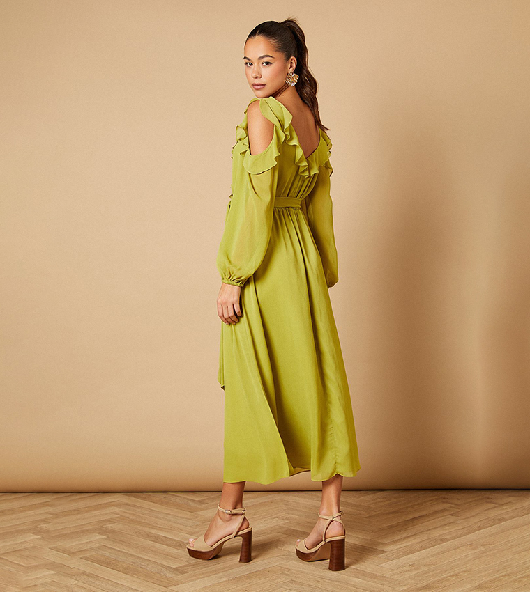 Cold Shoulder V-Neck Belt Detail Midi Dress