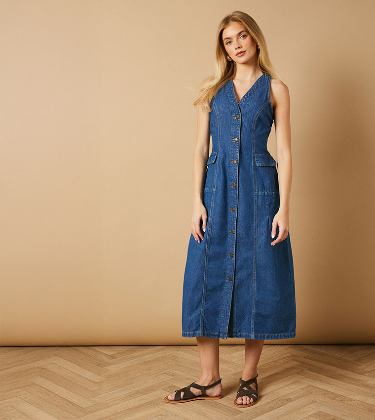 Buy Oasis Pocket Detail Drop Waist Seam Denim Midi Dress In Blue |  6thStreet Saudi Arabia