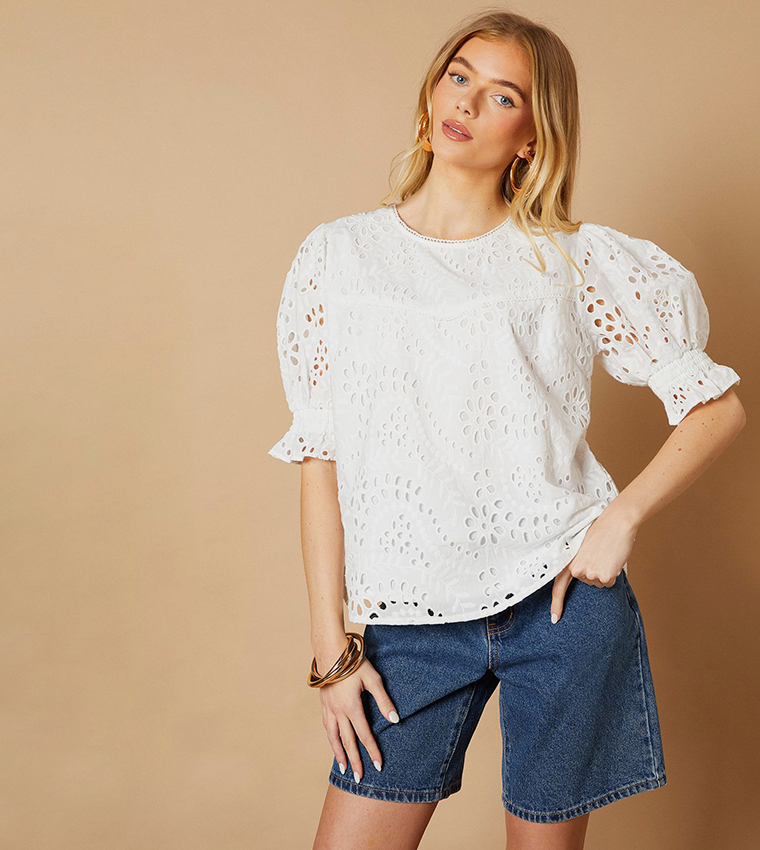 Embroidered Detail Balloon Sleeves Top